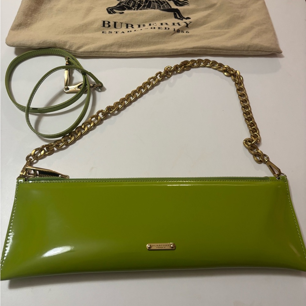 Burberry Lime Green Patent Leather Crossbody Bag with Gold Chain
